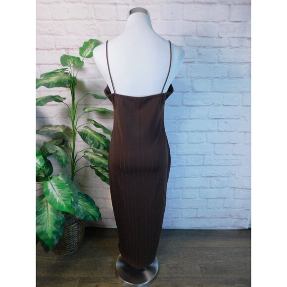 Chic Brown Ribbed Maxi Slip Dress L Shein Minimalist Y2K Aesthetic - Picture 4 of 9